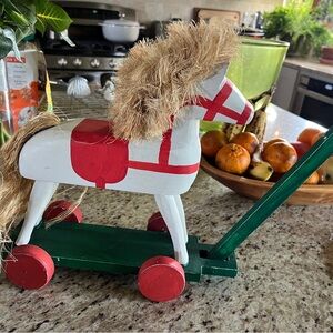 Christmas hobby horse, wood, one wheel can be pulled off needs some glue . . .